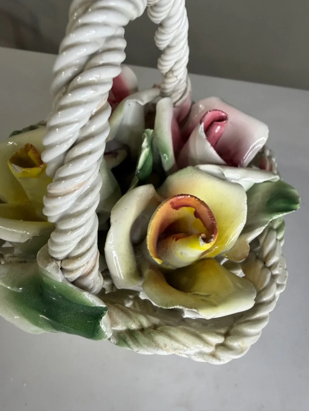 Capodimonte Italian Porcelain Floral Basket with Pink, Yellow and Green Roses